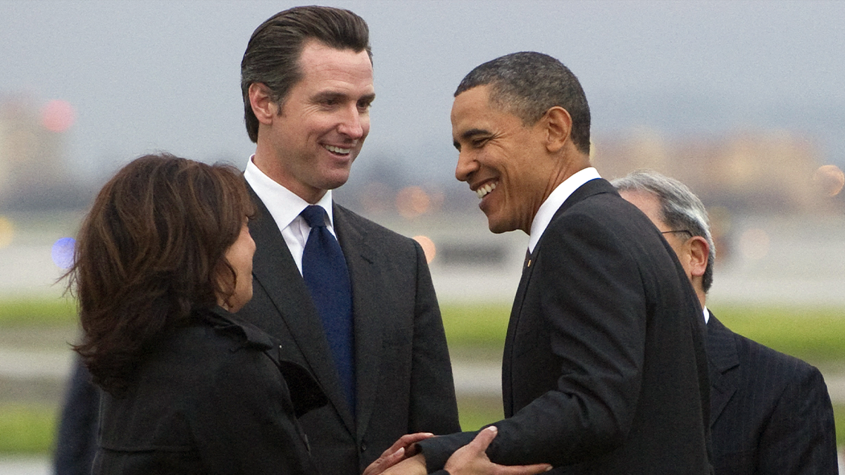 Kamala Harris with Gavin Newsom and then-President Obama in 2011