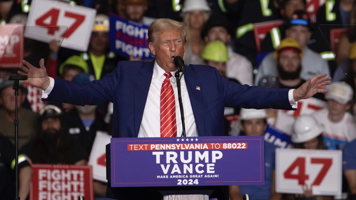 Republican presidential nominee former President Donald Trump speaks during a rally in Johnstown, Pennsylvania, on Friday, Aug. 30, 2024.