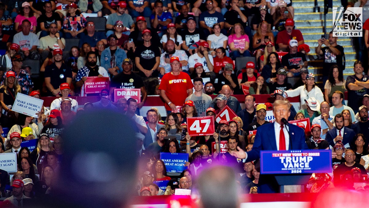 Former President Donald Trump speaks at a rally in Uniondale, New York