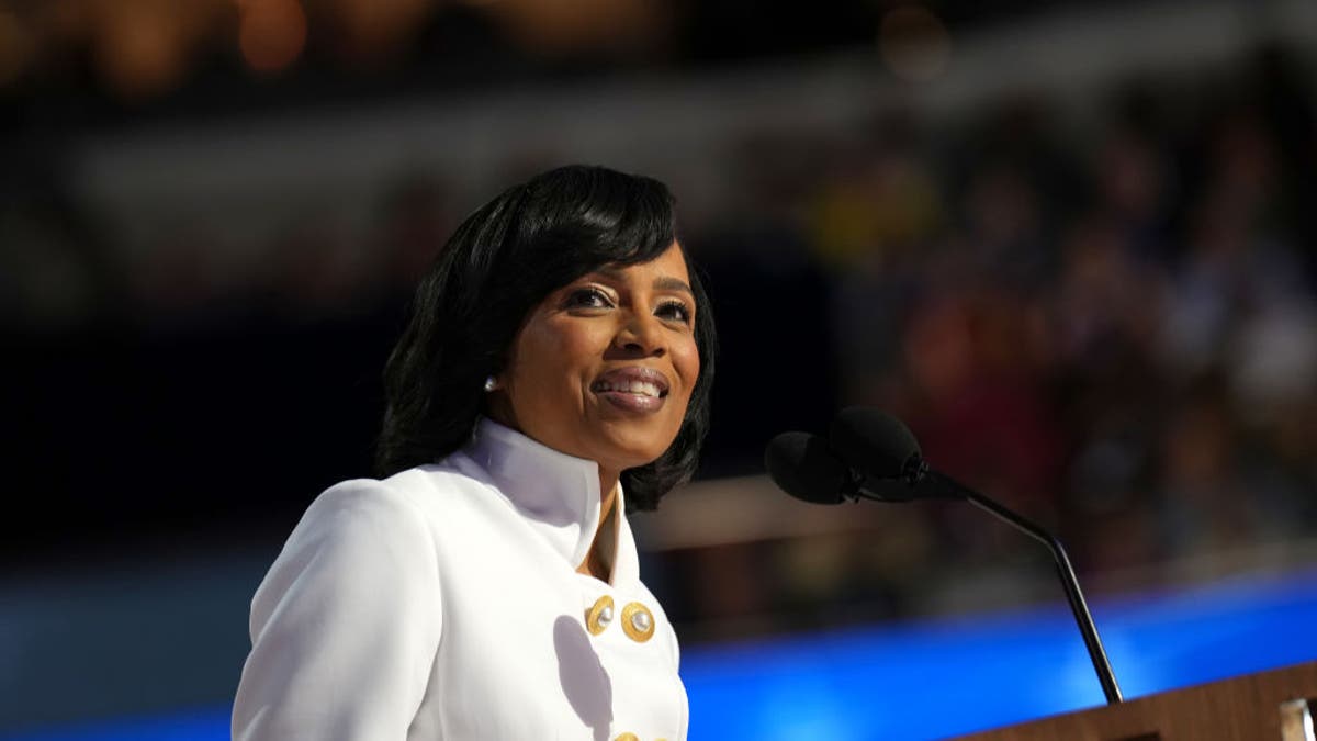 Maryland Democratic Senate candidate Angela Alsobrooks speaks on stage during the second day of the Democratic National Convention on Aug. 20, 2024, in Chicago, Illinois.