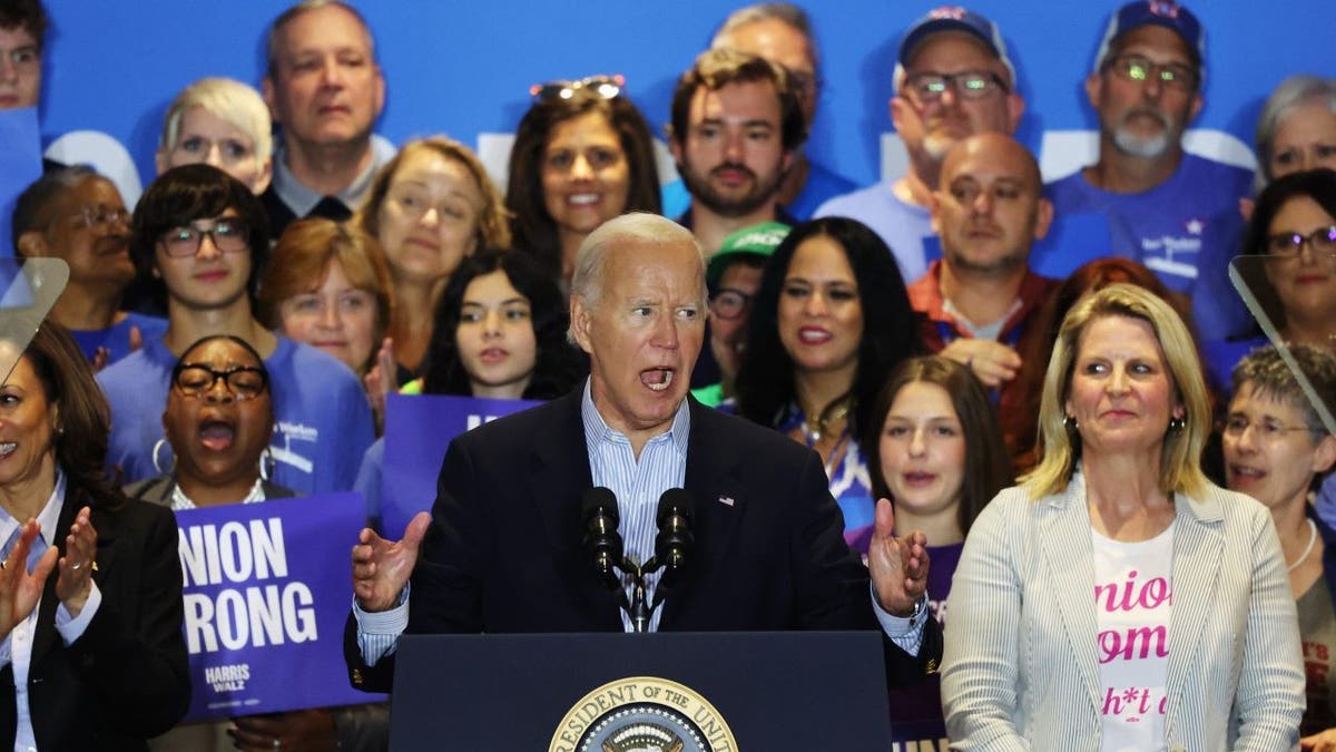 President Biden speaks during a campaign event for Democratic presidential nominee Vice President Kamala Harris at IBEW Local Union #5 in Pittsburgh.