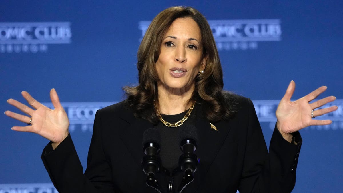 Democrat presidential nominee Vice President Harris addresses the Economic Club of Pittsburgh on the Carnegie Mellon University campus in Pittsburgh on Sept. 25, 2024.