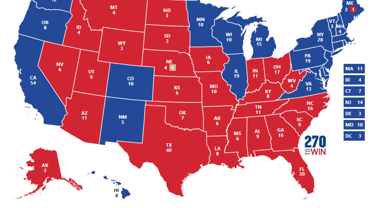 electoral map colored in red for Trump, blue for Harris