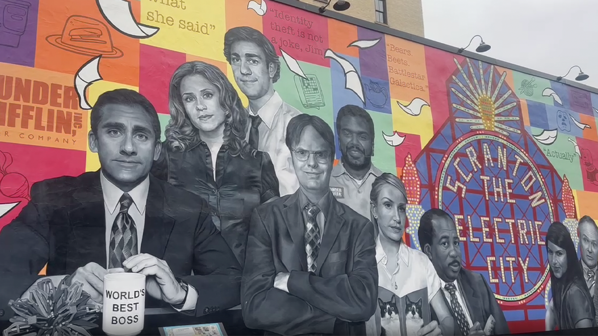 Mural of 'The Office' cast on a Scranton building