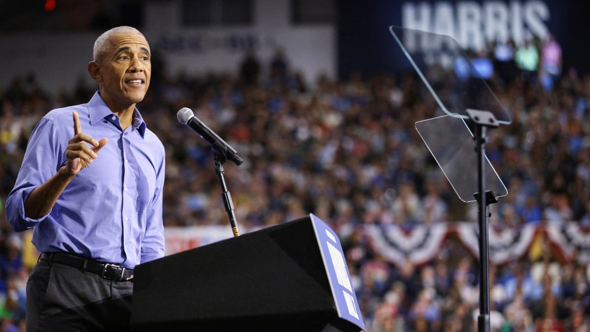 Former President Obama speaks during a campaign event in support of Democratic presidential nominee Kamala Harris in Pittsburgh on Oct. 10, 2024.