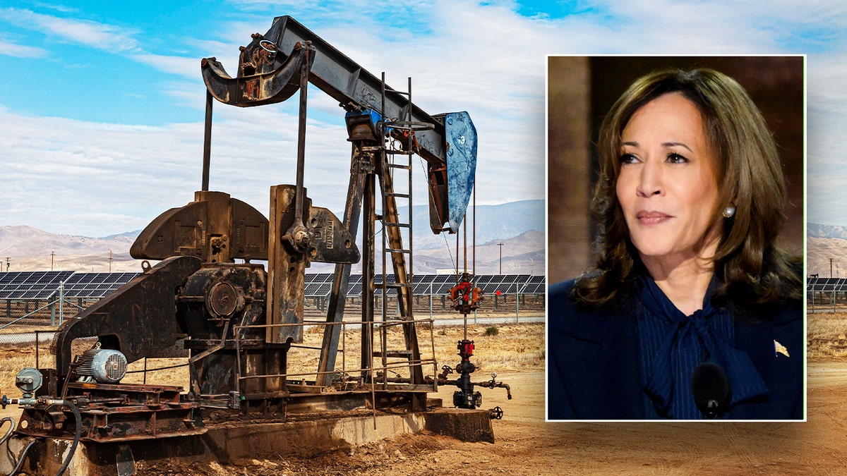 Kamala Harris, inset, pumpjack main photo