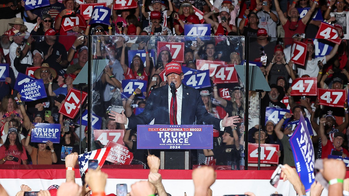 Republican presidential nominee and former President Donald Trump speaks during a rally in Coachella, California, on Oct. 12, 2024.