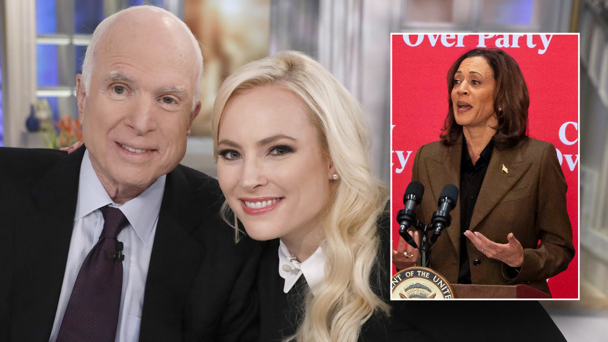 John and Meghan McCain smiling next to Harris talking