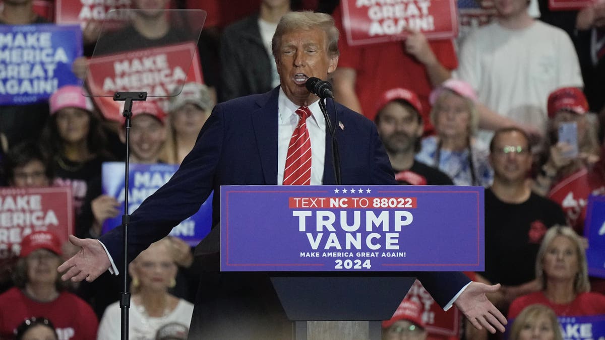 Republican presidential nominee former President Donald Trump speaks at a campaign rally at Rocky Mount Event Center, Wednesday, Oct. 30, 2024, in Rocky Mount, N.C. (AP Photo/Steve Helber)