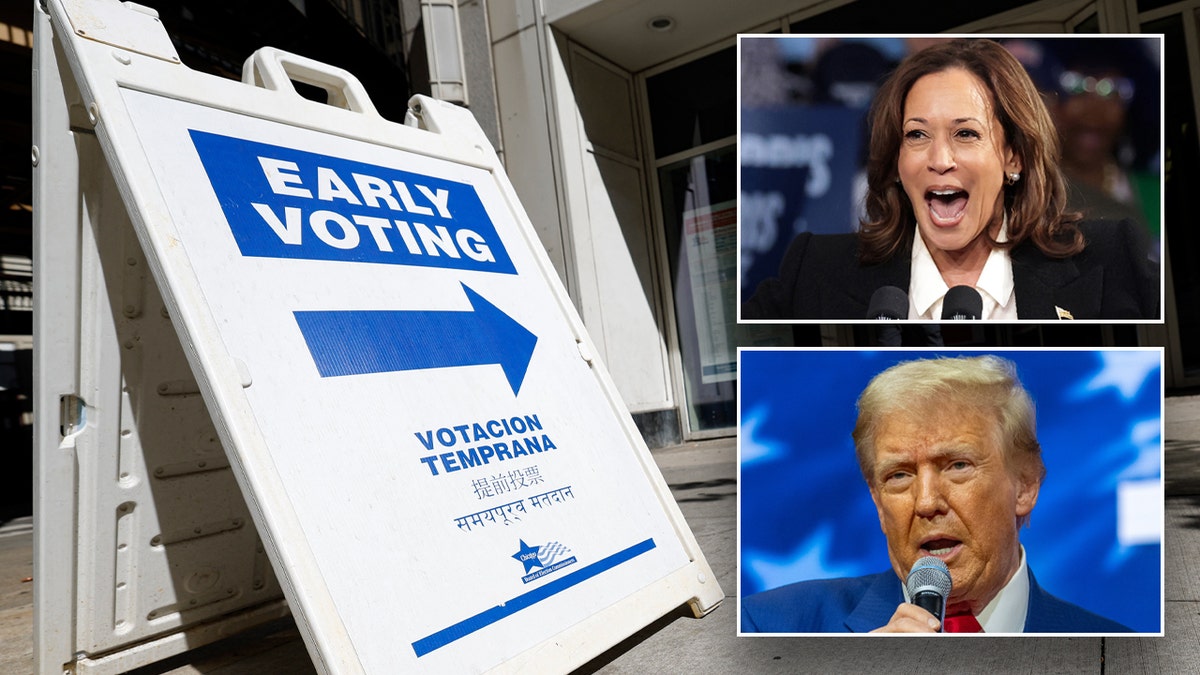 A polling place advertises early voting with Kamala Harris and Donald Trump inserts