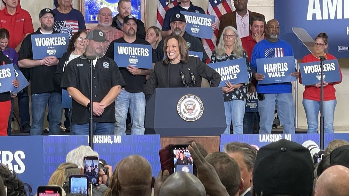 Democratic presidential nominee Vice President Kamala Harris speaks at a UAW union hall, in Lansing, Mich., Friday.