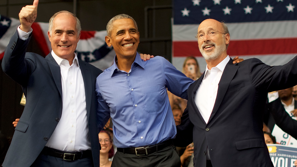 President Obama center with Sen. Casey and former Gov. Tom Wolf