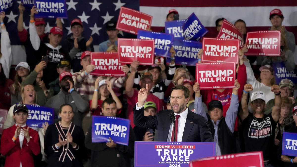 Republican vice presidential nominee Sen. JD Vance, R-Ohio, speaks during a campaign rally on Monday, Nov. 4, 2024, in Newtown, Pa. 