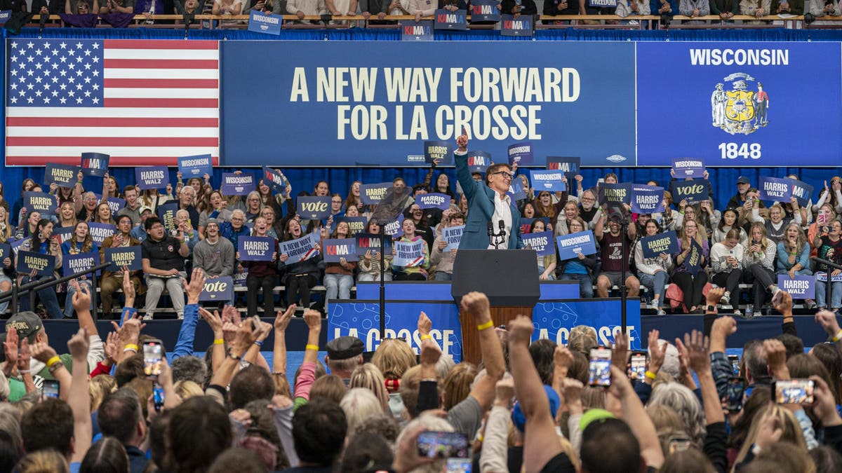 Businessman and television personality Mark Cuban addresses a rally for Democratic presidential nominee Vice President Kamala Harris Oct. 17, 2024 in La Crosse, Wisconsin. 