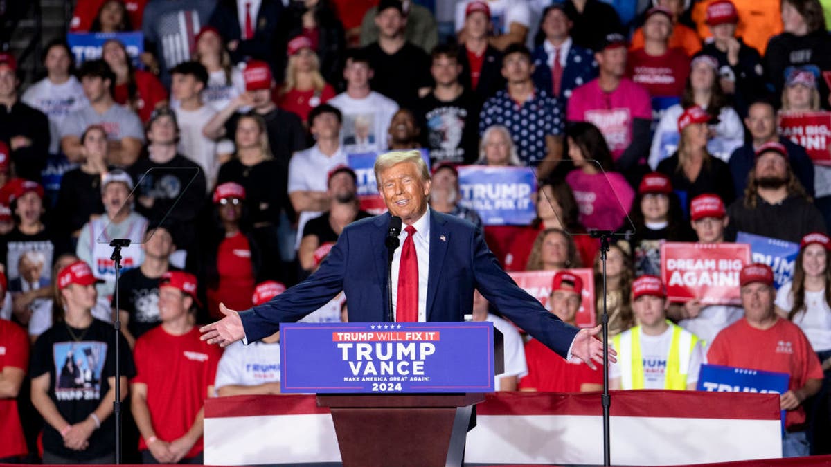 Former US President Donald Trump during his closing campaign event at Van Andel Arena in Grand Rapids, Michigan, US, on Tuesday, Nov. 5, 2024.  Photographer: Sarah Rice/Bloomberg via Getty Images