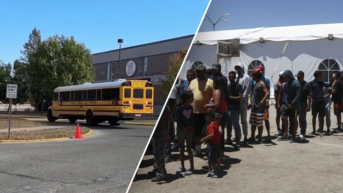 school bus, left, migrants in right photo