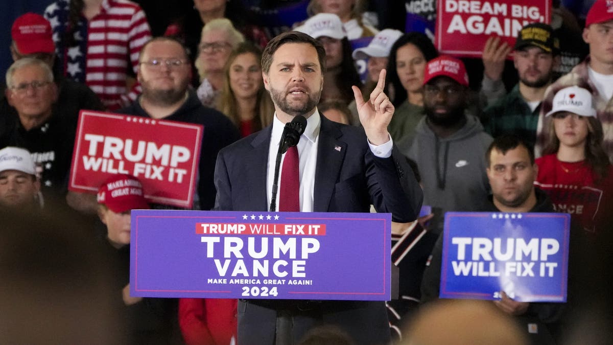 Republican vice presidential nominee Sen. JD Vance, R-Ohio, speaks during a campaign rally on Monday, Nov. 4, 2024, in Newtown, Pennyslvania. (AP Photo/Mark Schiefelbein)