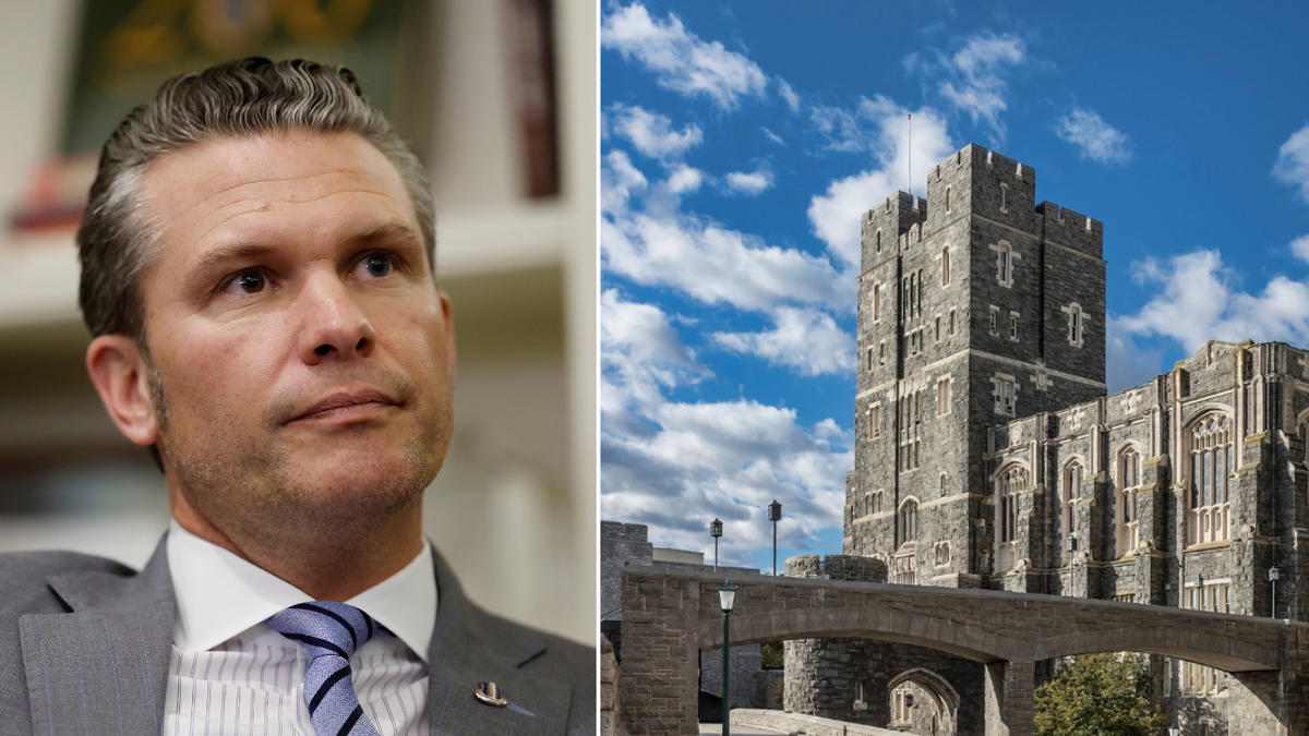 Secretary of Defense nominee Pete Hegseth, left, and West Point Military Academy, right