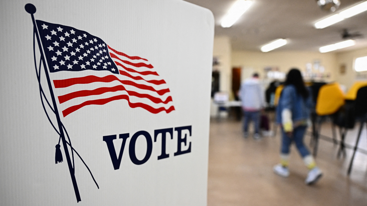 us flag cartoon and VOTE on a white box