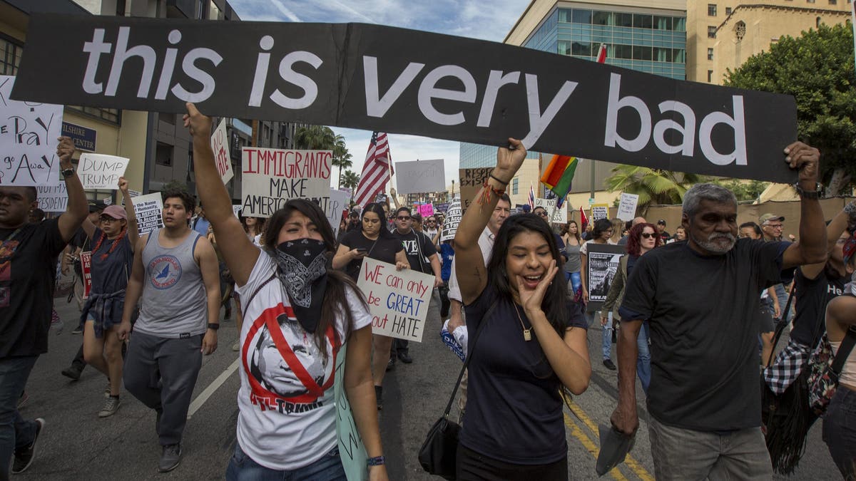 anti-Trump protesters on street in Los Angeles in 2016