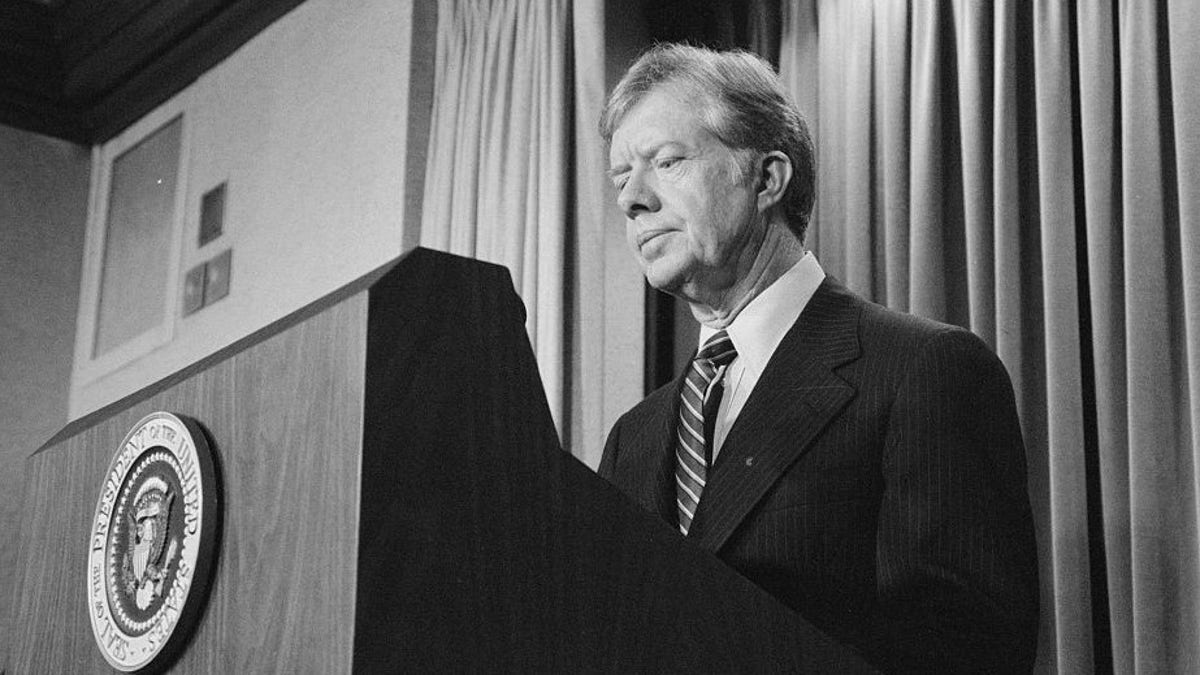 U.S. President Jimmy Carter announces new sanctions against Iran in retaliation for taking U.S. hostages, at the White House in Washington, April 7, 1980. Library of Congress/Marion S. Trikosko/Handout via Reuters.