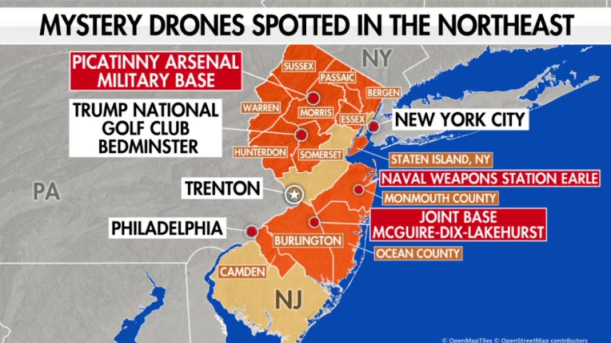 map of NJ with spots of mystery drone sightings