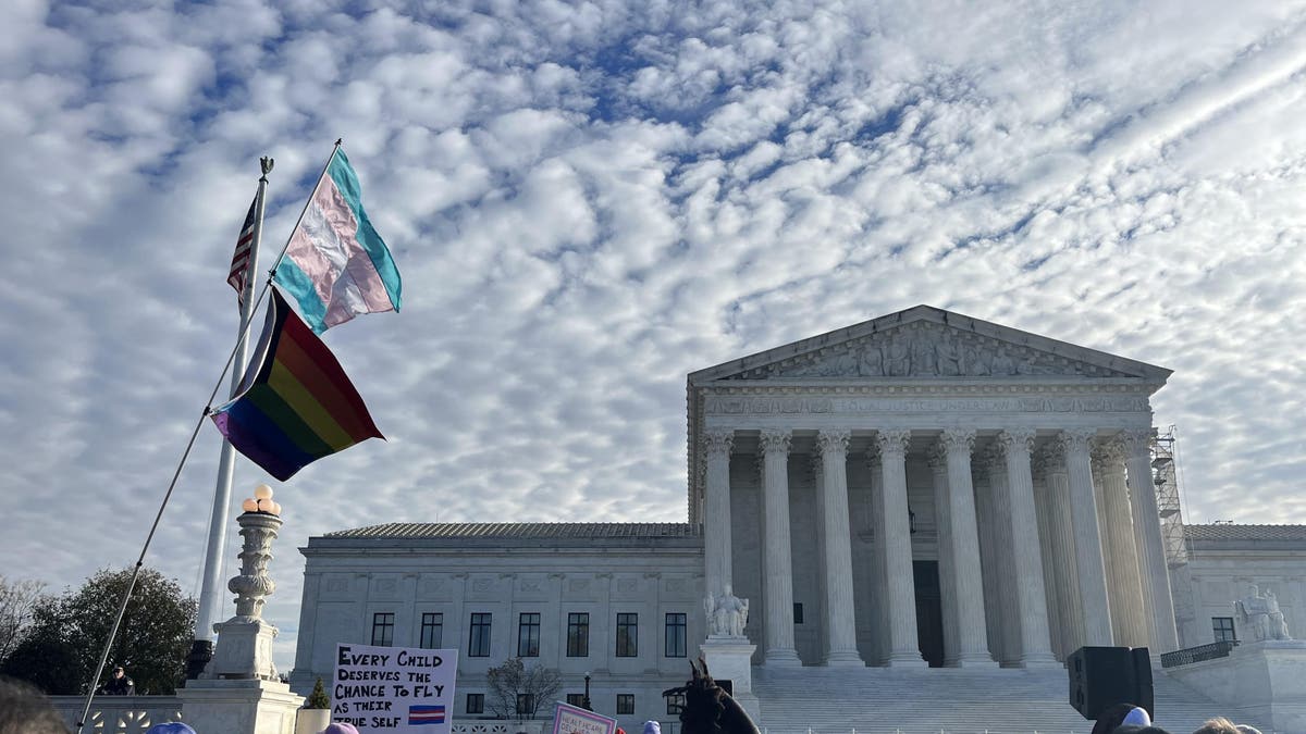 Activists hold a rally outside the Supreme Court building in Washington, D.C., as the court hears oral arguments in the transgender treatments case <i>U.S. v. Skrmetti </i>on Dec. 4, 2024.