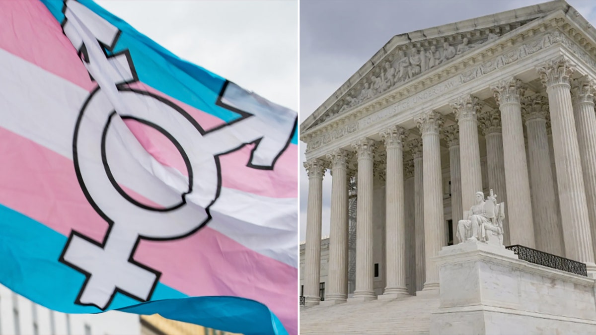 left: trans flag; right: US Supreme Court building 