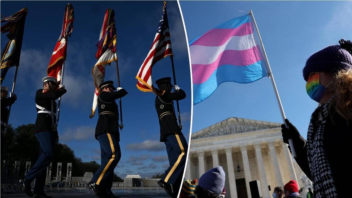 US armed forces color guard, left; demonstrator holding transgender flag, right