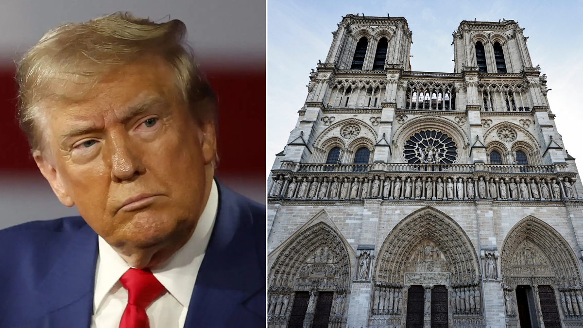 A head shot of President-elect Donald Trump is juxtaposed alongside the famed Notre Dame Cathedral, which was devastated by a fire in 2019. Trump is set to attend the cathedral's reopening festivities this weekend in Paris, alongside around 50 other heads of state.