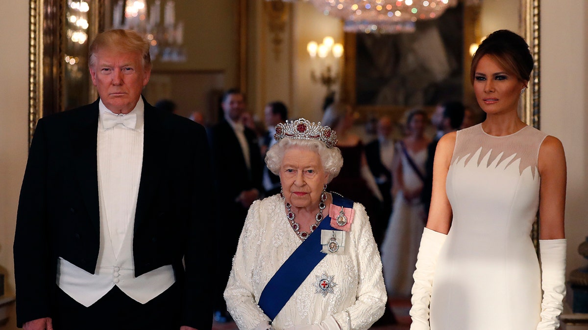 President Trump and first lady Melania Trump with Queen Elizabeth in 2019. 