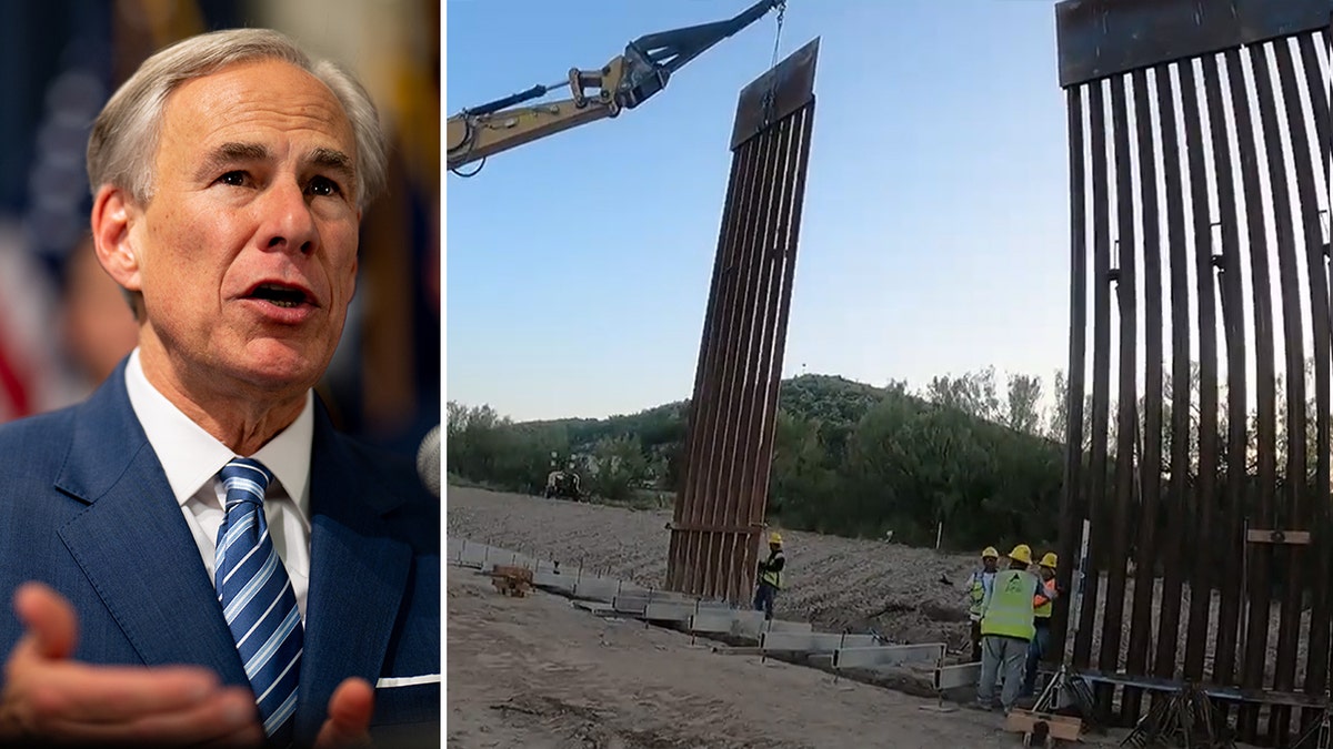 Texas Gov. Greg Abbott, left; border fence, right