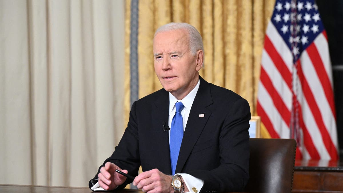 US President Joe Biden delivers his farewell address to the nation from the Oval Office of the White House in Washington, DC, on January 15, 2025. (Photo by Mandel NGAN / POOL / AFP) (Photo by MANDEL NGAN/POOL/AFP via Getty Images)