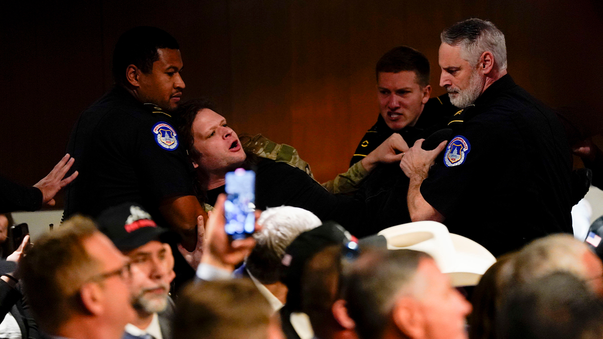 Protester at Hegseth hearing being removed by police