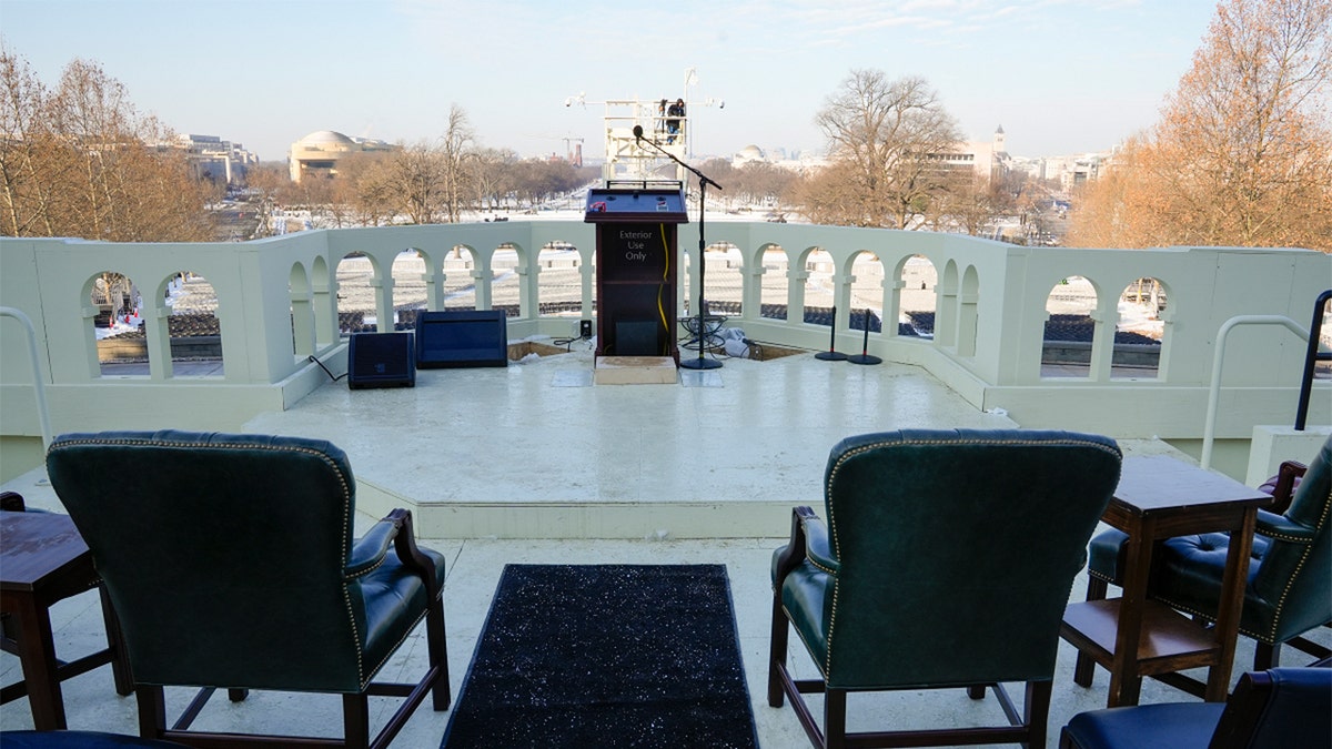 A podium is seen as preparations are made for the U.S. presidential inauguration.