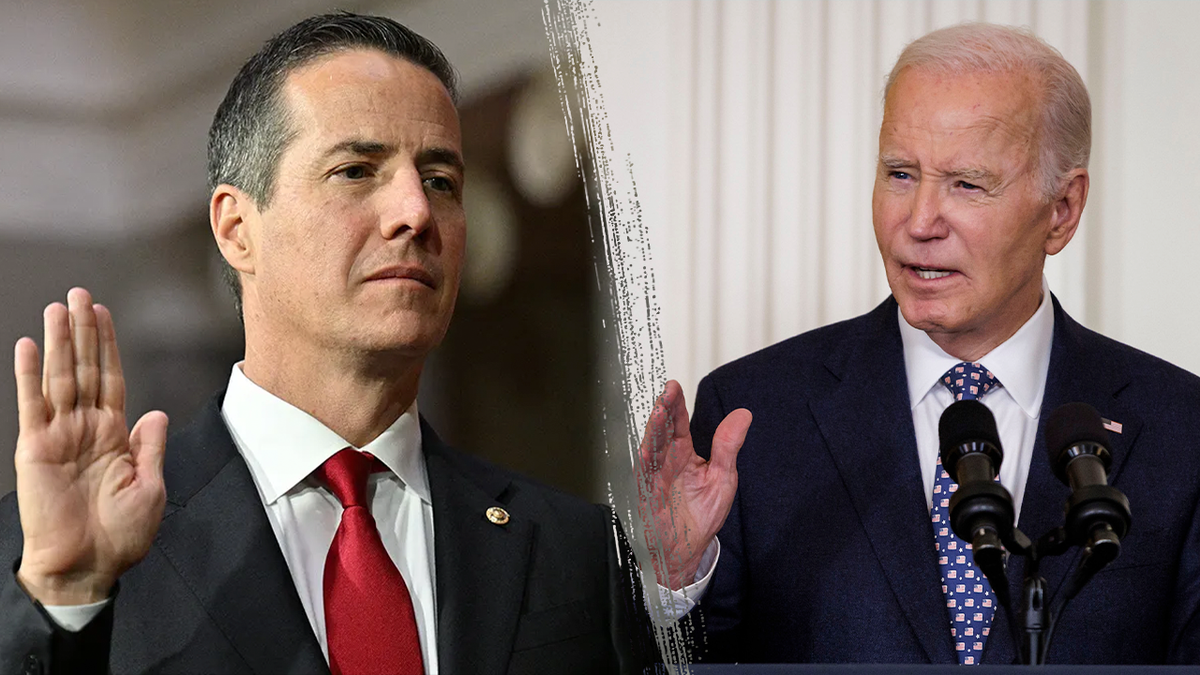 Senator Bernie Moreno, left, and President Joe Biden, right