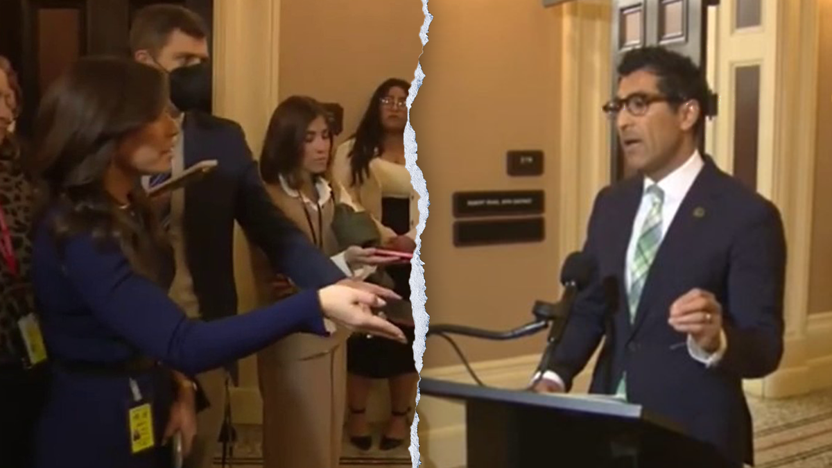 photo split, reporter, left asking tough question to Democratic legislator, right