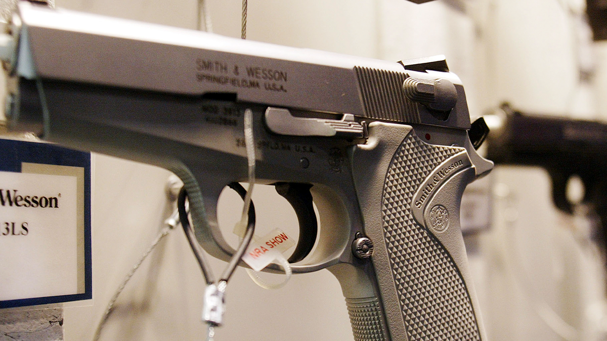 A Smith & Wesson handgun on display