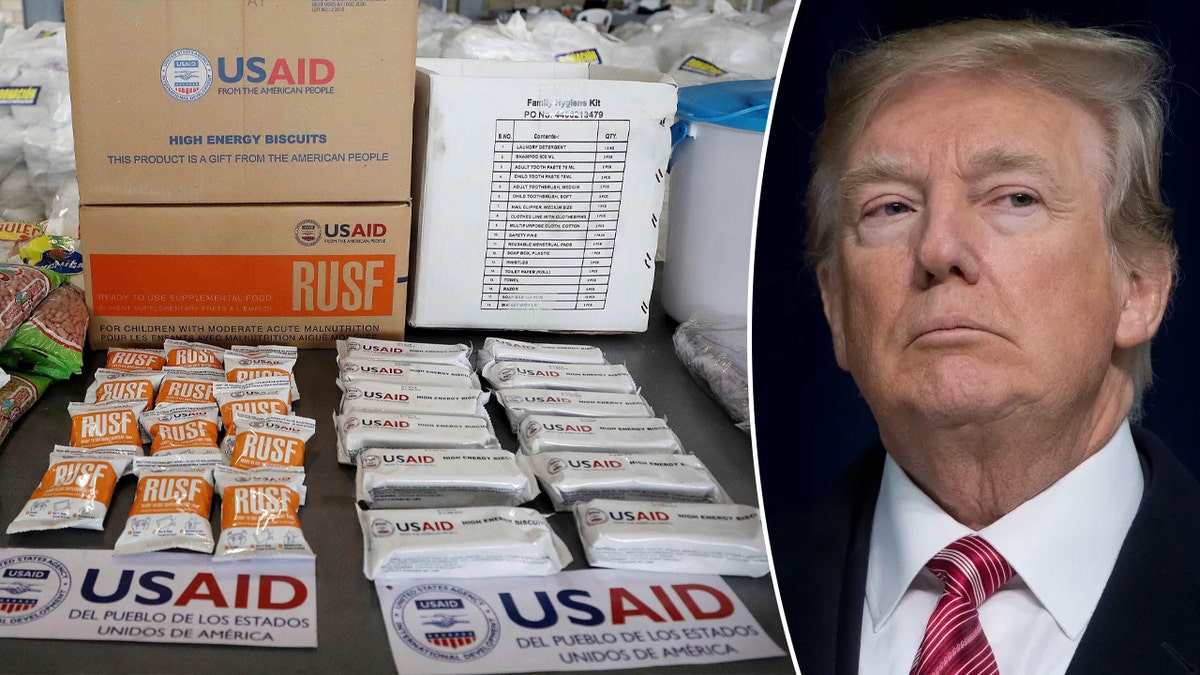 USAID food split image with President Trump