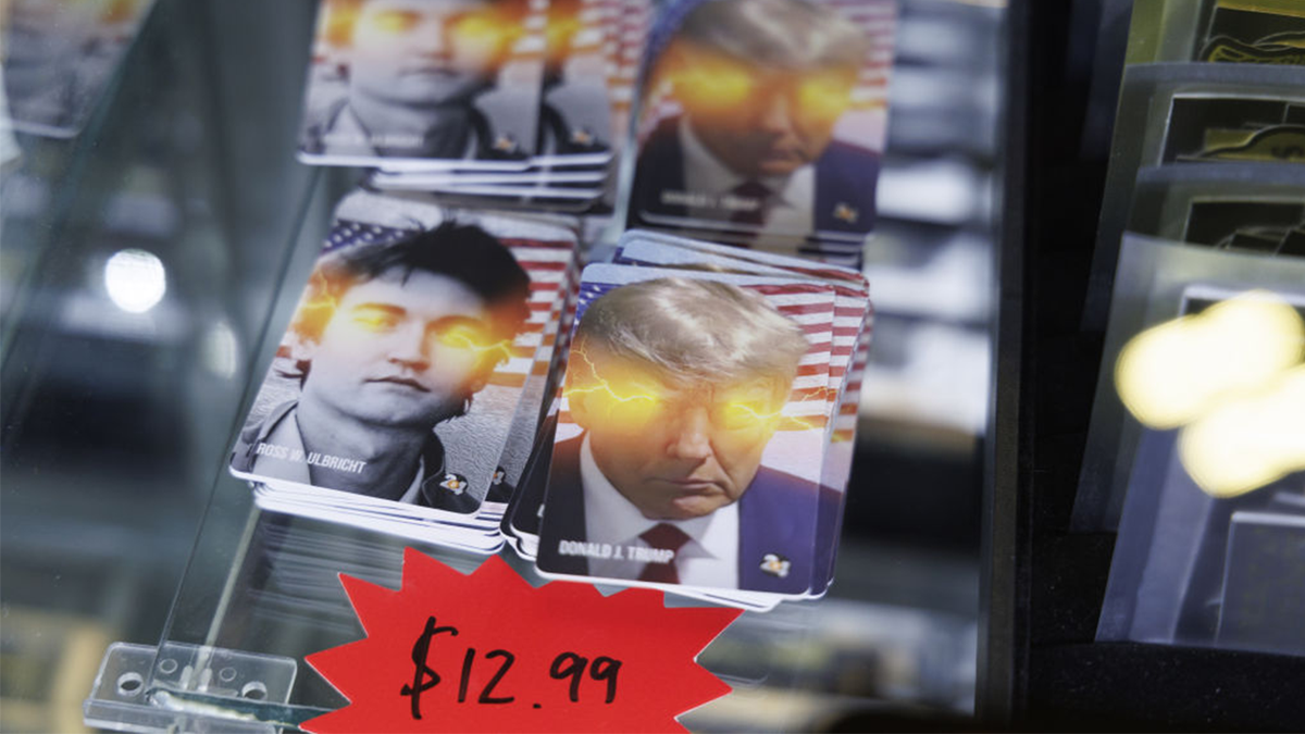 Cards featuring images of President Donald Trump and Ross Ulbricht