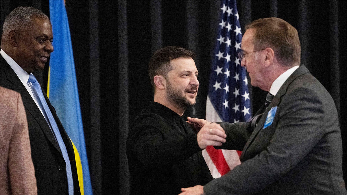 U.S. Defense Secretary Lloyd Austin, Ukrainian President Volodymyr Zelenskyy and German Defense Minister Boris Pistorius