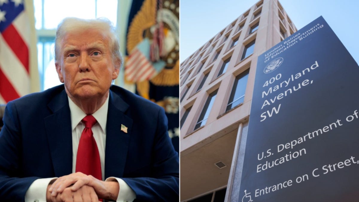 Trump closeup with flags behind him, left; DOE sign at right