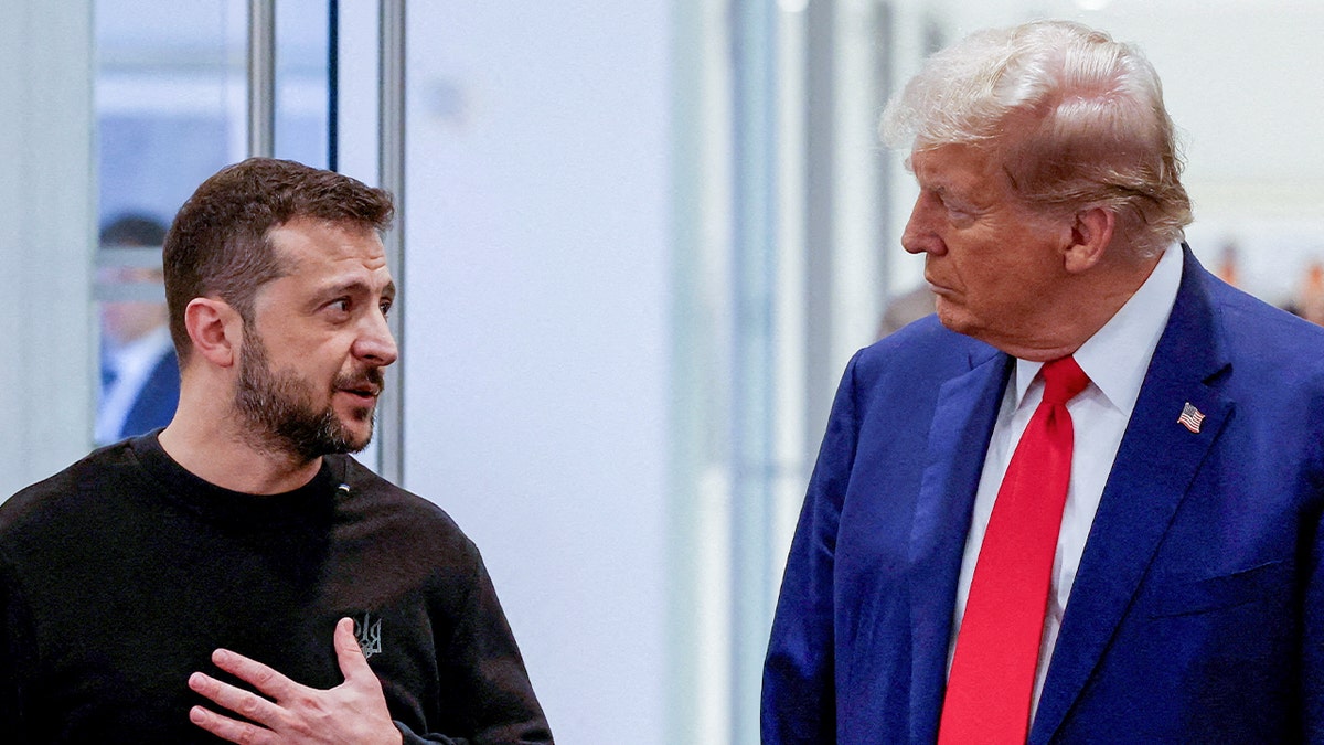 Ukrainian President Volodymyr Zelenskyy talks to President Donald Trump