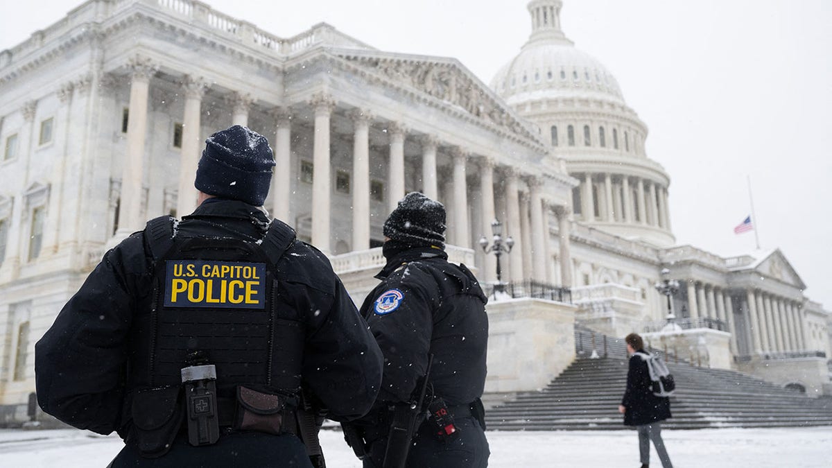 Capitol police officers outside the Capitol building