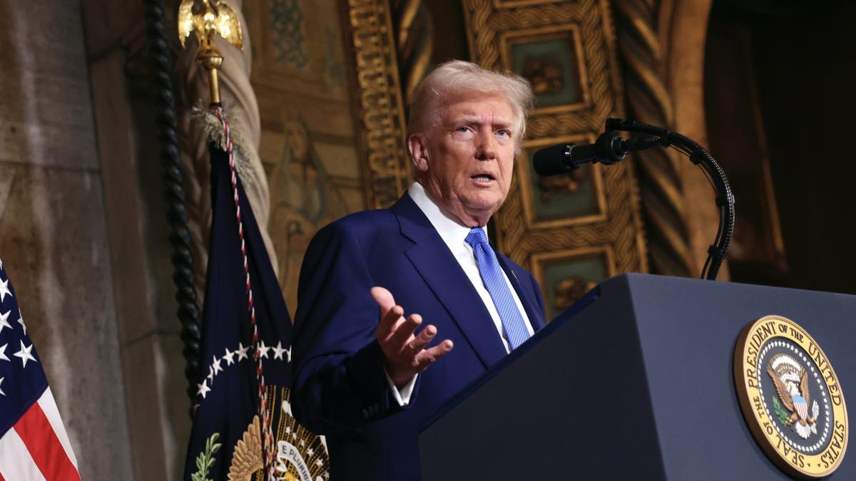 President Donald Trump speaks at Mar-a-Lago in Palm Beach, Fla., Tuesday, Feb. 18, 2025. 