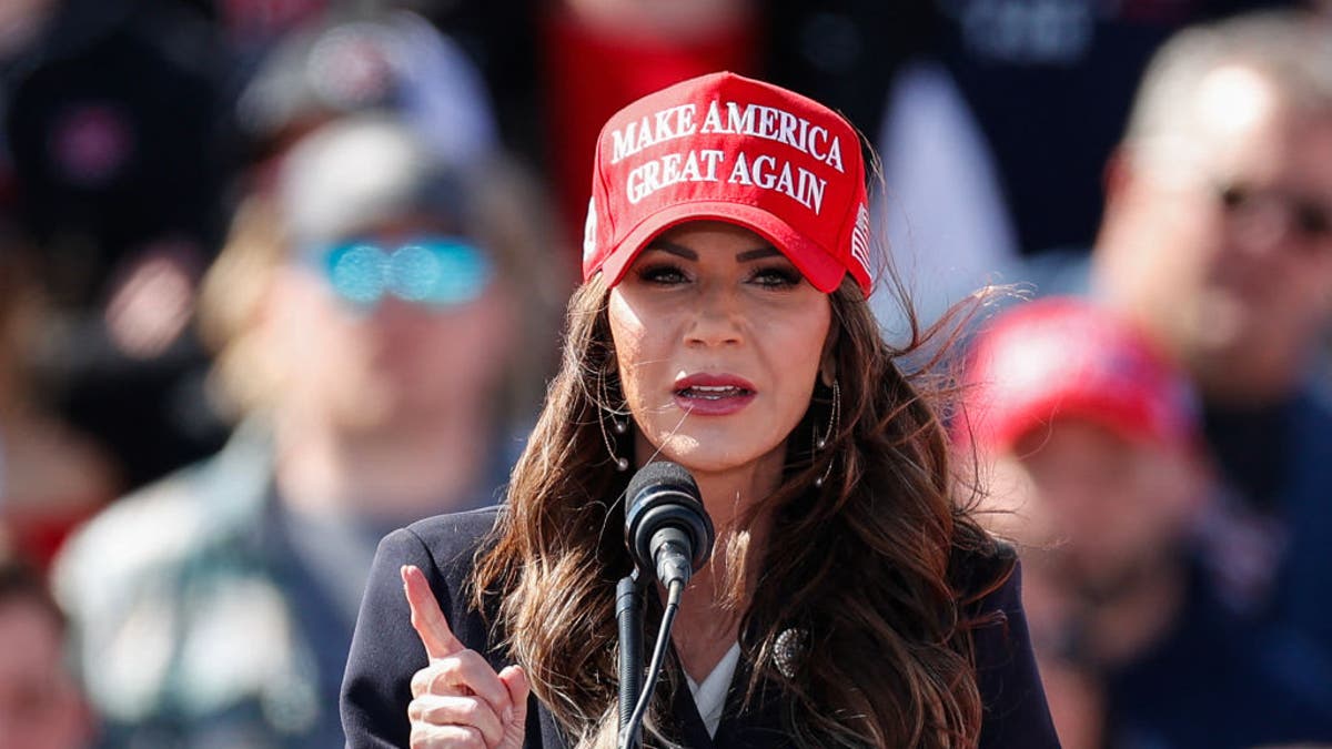 South Dakota Governor Kristi Noem speaks before former US President and Republican presidential candidate Donald Trump takes the stage during a Buckeye Values PAC Rally in Vandalia, Ohio, on March 16, 2024. (Photo by KAMIL KRZACZYNSKI / AFP) (Photo by KAMIL KRZACZYNSKI/AFP via Getty Images)