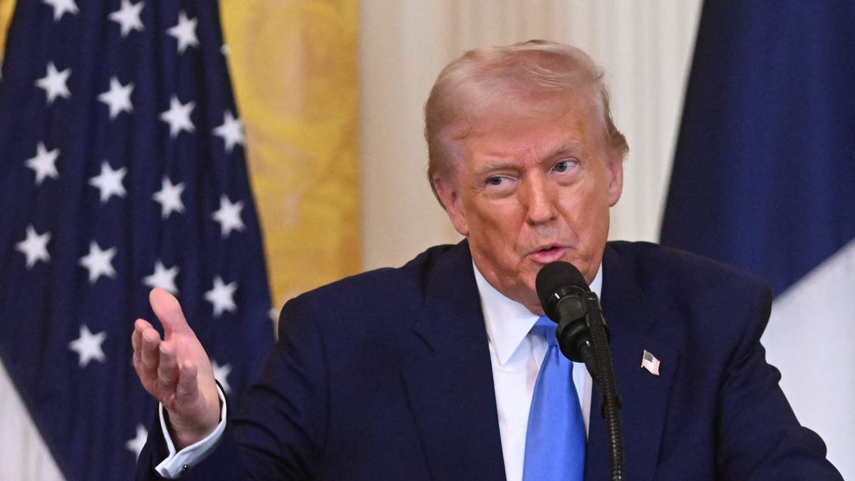 US President Donald Trump speaks during a joint press conference with  French President Emmanuel Macron on February 24, 2025. (ROBERTO SCHMIDT/AFP via Getty Images)