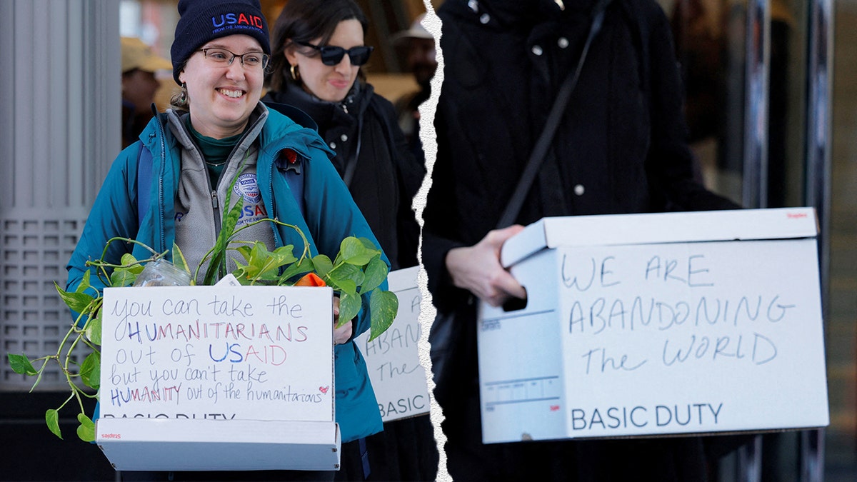 Recently fired USAID workers with messages on boxes