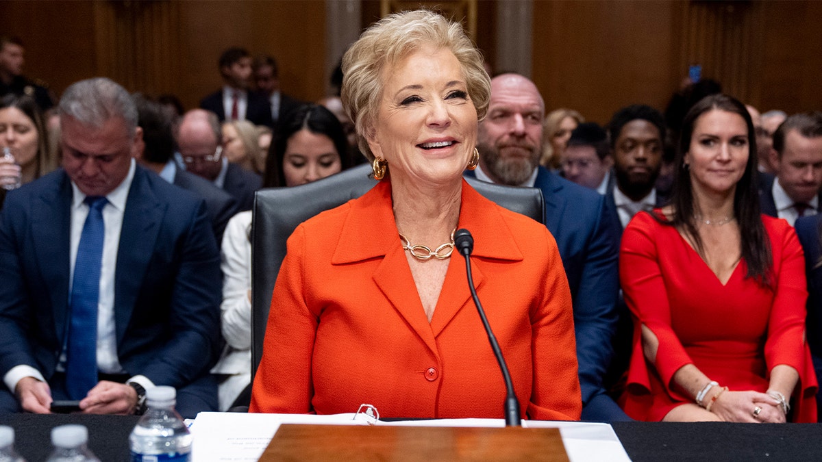 Linda McMahon, President Donald Trump's nominee for Secretary of Education, arrives for a hearing of the Health, Education, and Labor Committee on her nomination on Thursday, Feb. 13, 2025, in Washington.