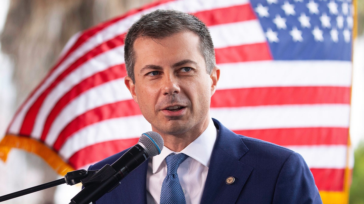 Transportation Secretary Pete Buttigieg speaks during a news conference in Long Beach, California, on July 18, 2024.